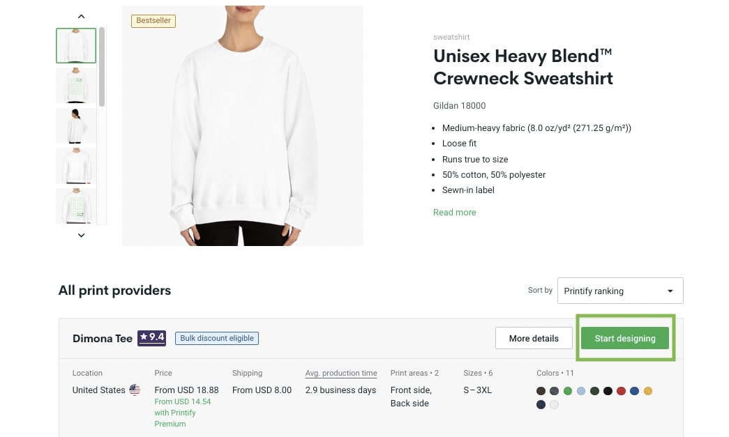 Green Start Designing button at the bottom-right side on Printify's product page for a Crewneck Sweatshirt