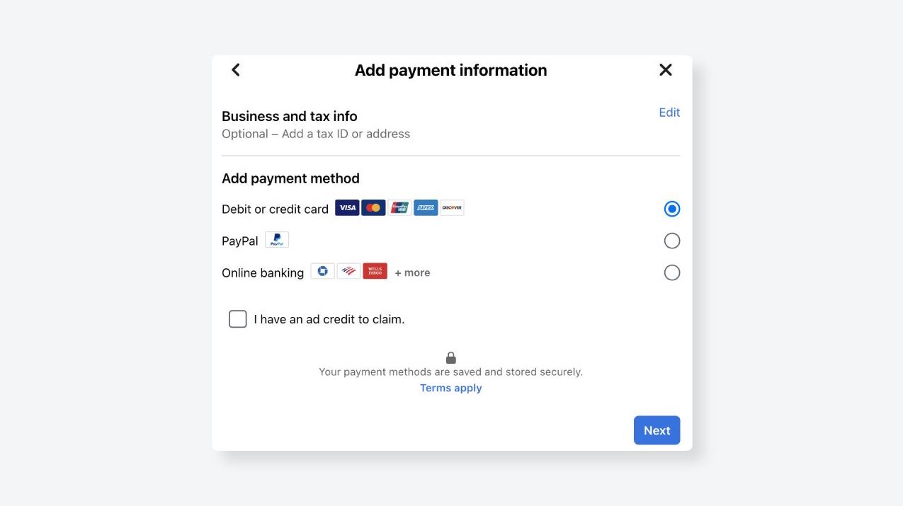 Facebook Business Account - Add payment information