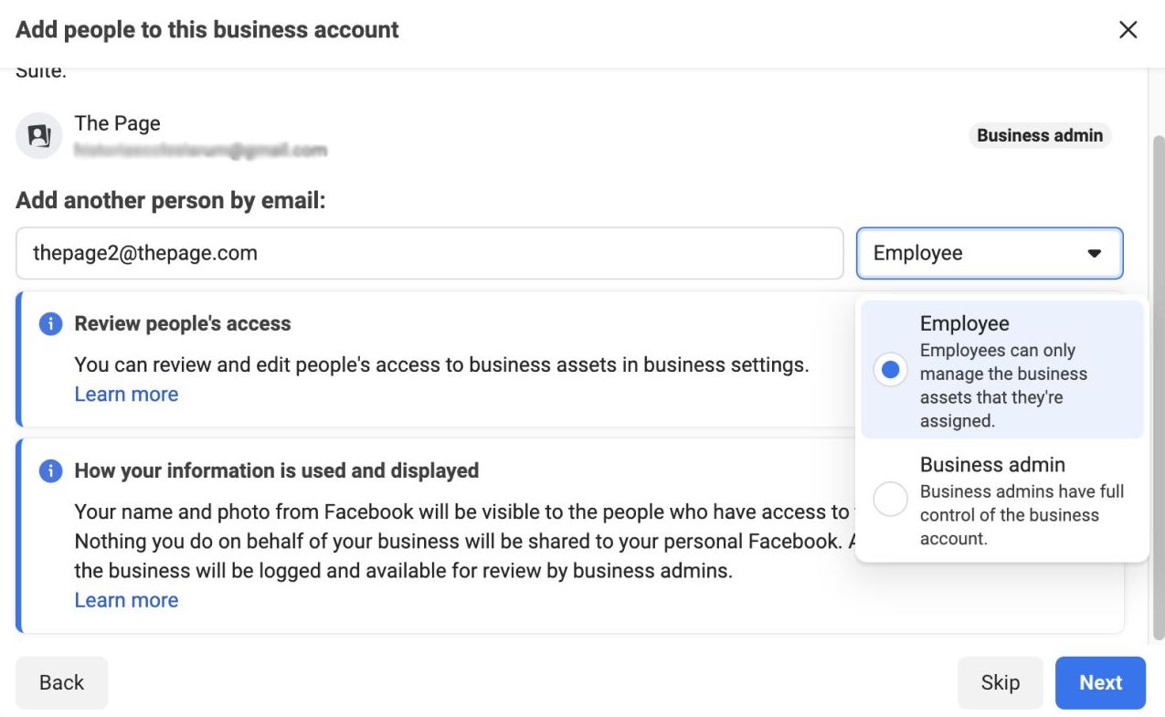 Facebook Business Account - Adding staff
